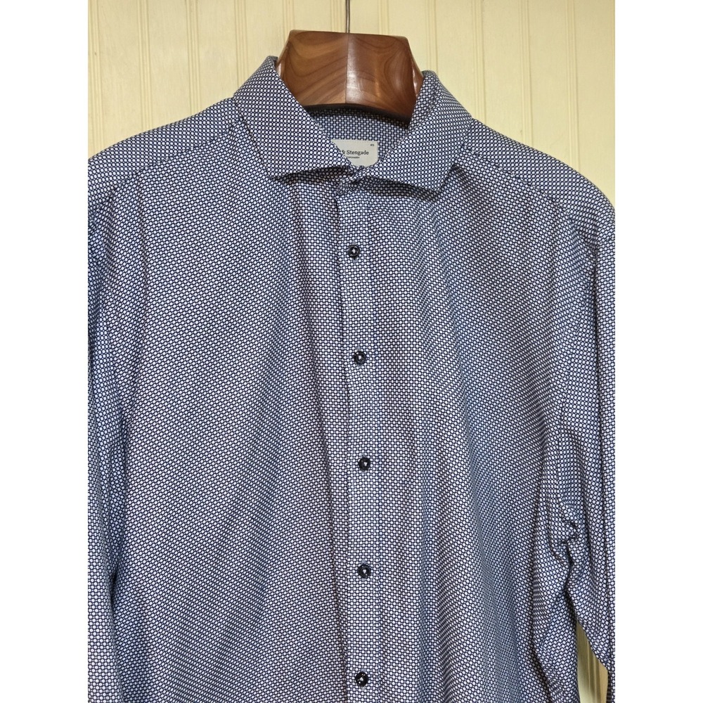 Bruun & Stengade Dress Shirt Mens 18 Blue Geometric Slim Fit Easy Care